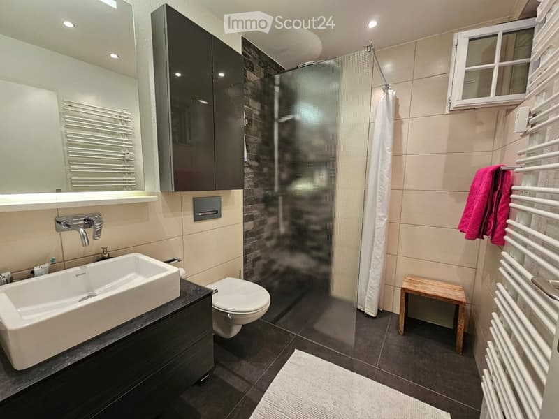 Modern bathroom with a white sink, toilet, mirrored cabinet, glass shower enclosure, and a radiator with a towel.