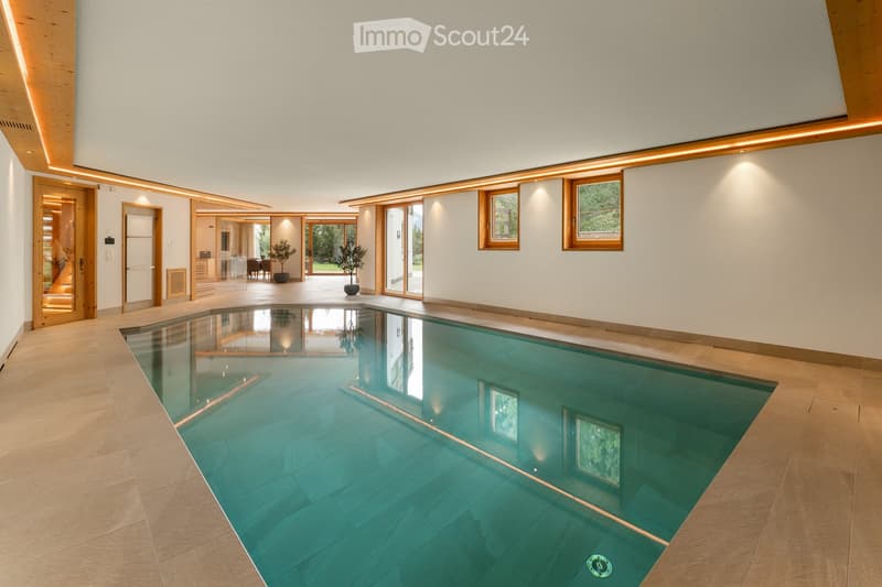 Indoor swimming pool area with large windows, modern lighting, and a sleek design.