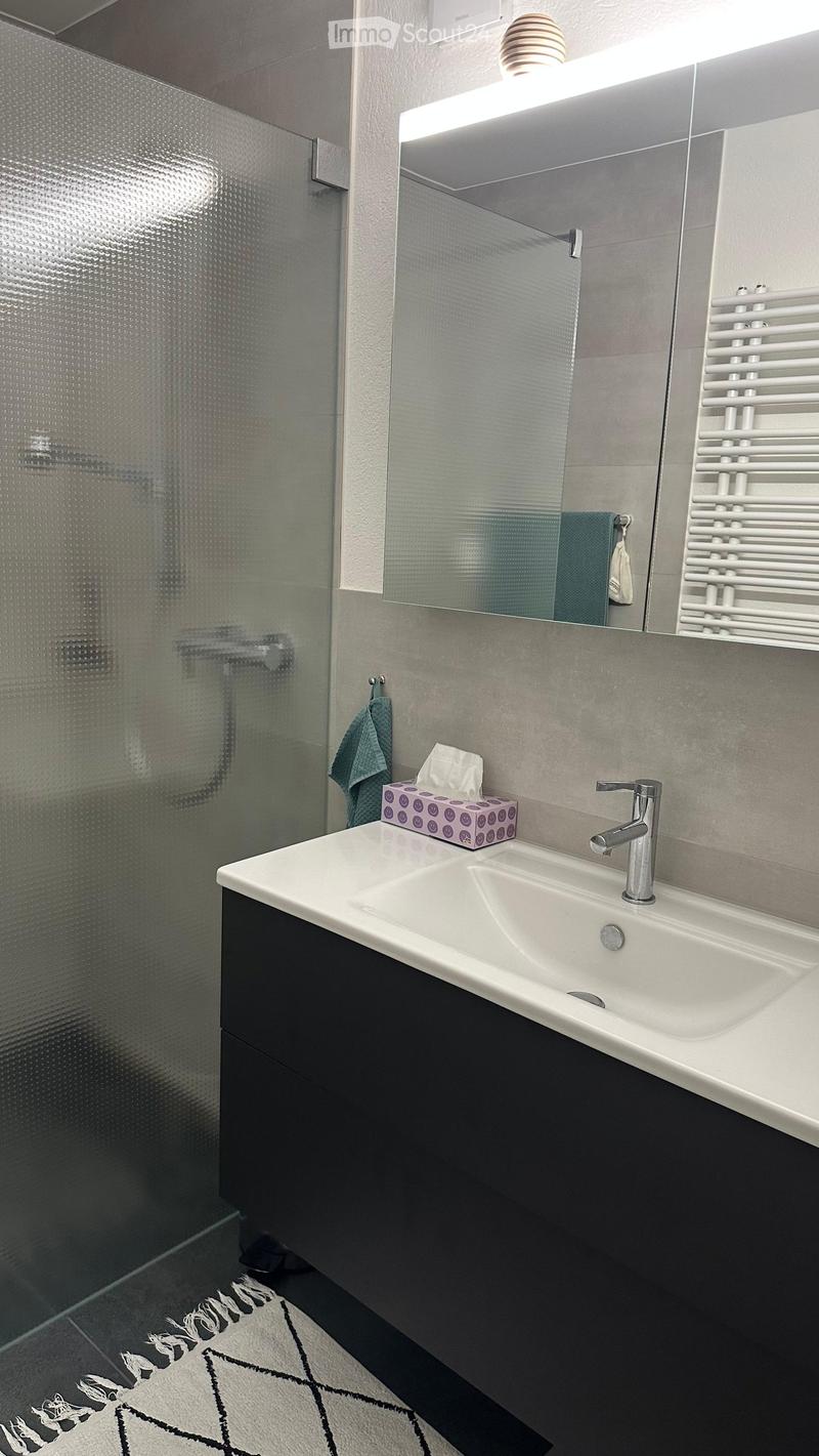 Modern bathroom with a double sink, sleek faucet, large mirror, towel, tissue box, and radiator.