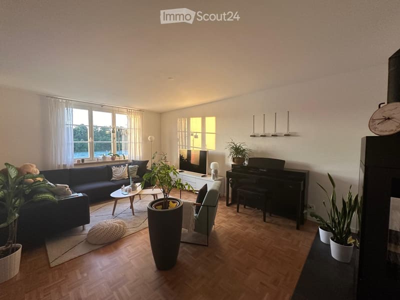Modern living room with hardwood flooring, large windows, a dark blue sofa, a coffee table, an armchair, a piano, and several potted plants.