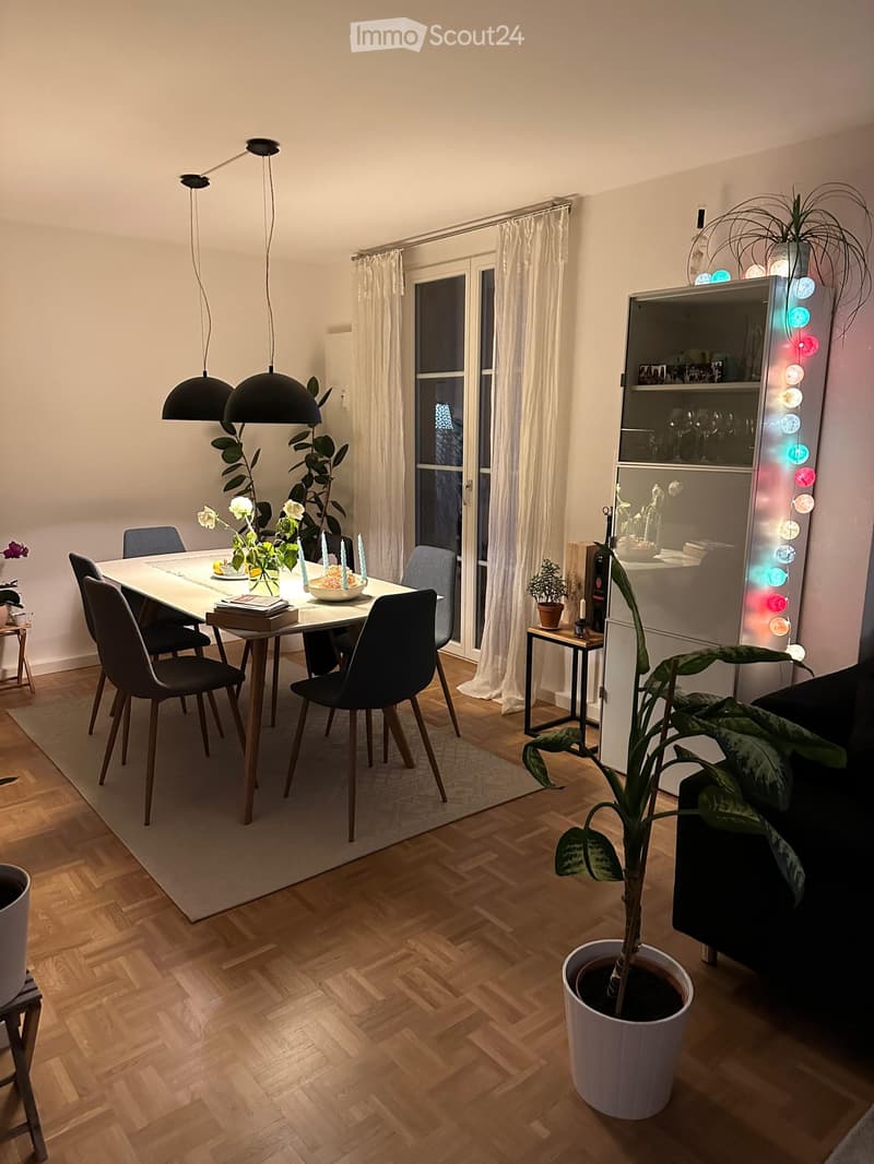 Modern dining area with a wooden dining table, six chairs, pendant lights, a large cabinet with glass doors, and several potted plants.