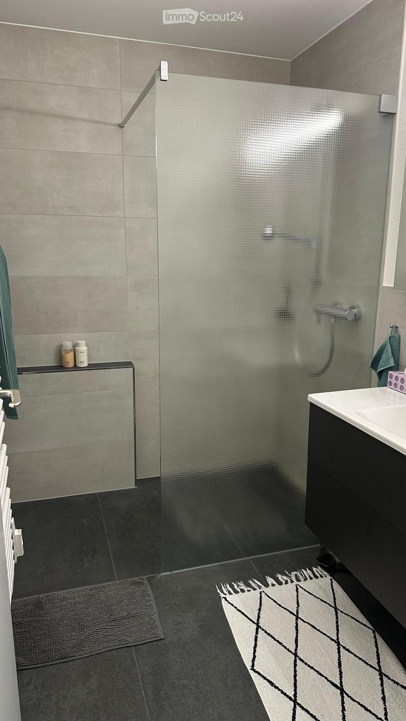 Modern bathroom with a glass shower enclosure, dark grey tiles, a white sink with a black cabinet, and a decorative rug on the floor.