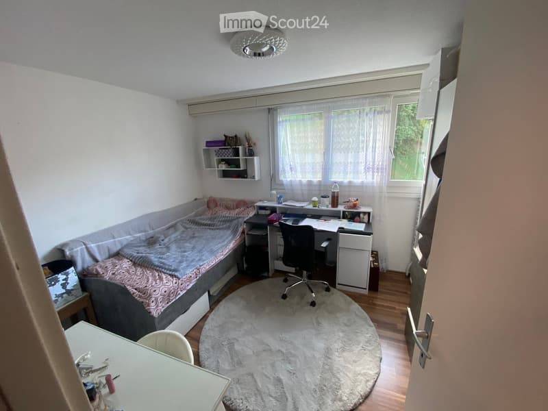 Cozy bedroom with a sofa bed, desk, chair, shelf, and round rug.