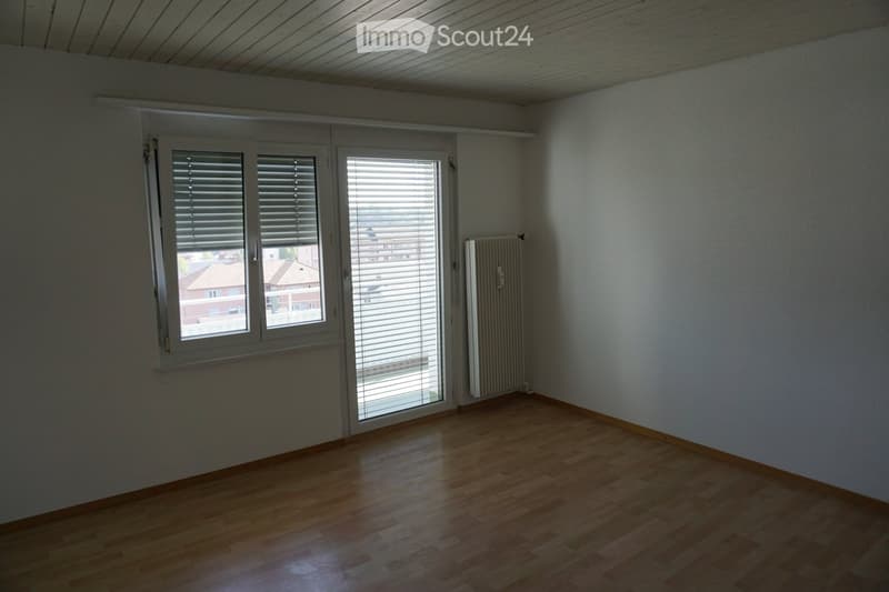 Empty room with wooden flooring, white walls, large window with blinds, sliding glass door, and radiator.