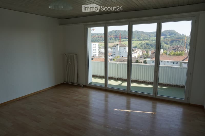 Empty room with wooden flooring, large sliding glass doors leading to a balcony, radiator on the wall, and a view of the city and surrounding landscape.
