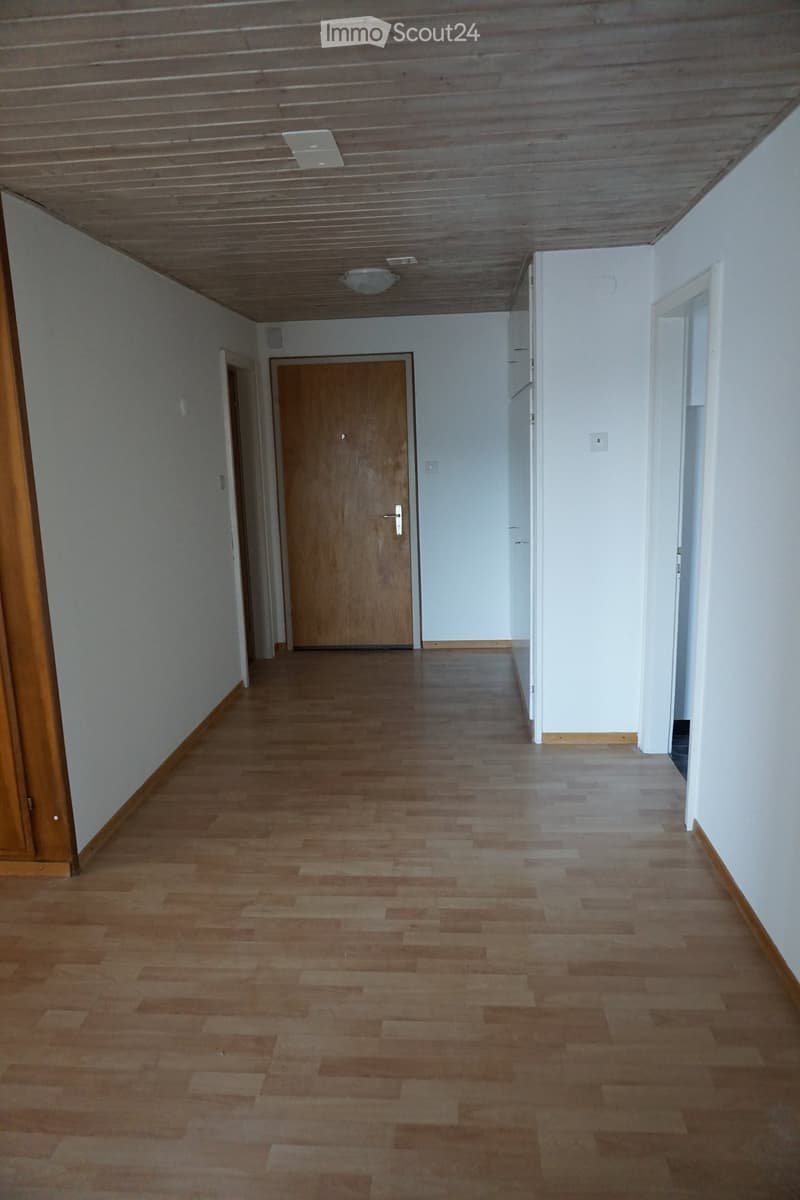 Empty hallway with wooden flooring, white walls, and a wooden door at the end.