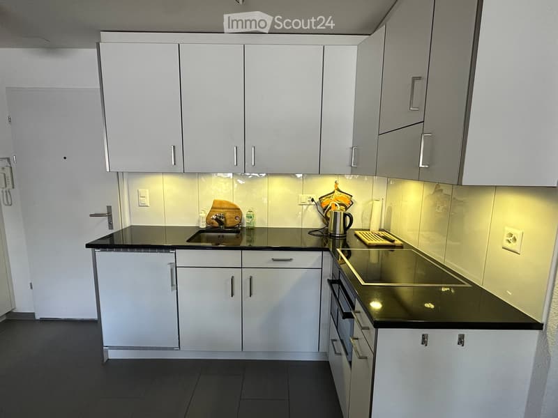 Modern kitchen with white cabinets, black countertops, and stainless steel appliances. Includes a sink, oven, and various small items on the counter.