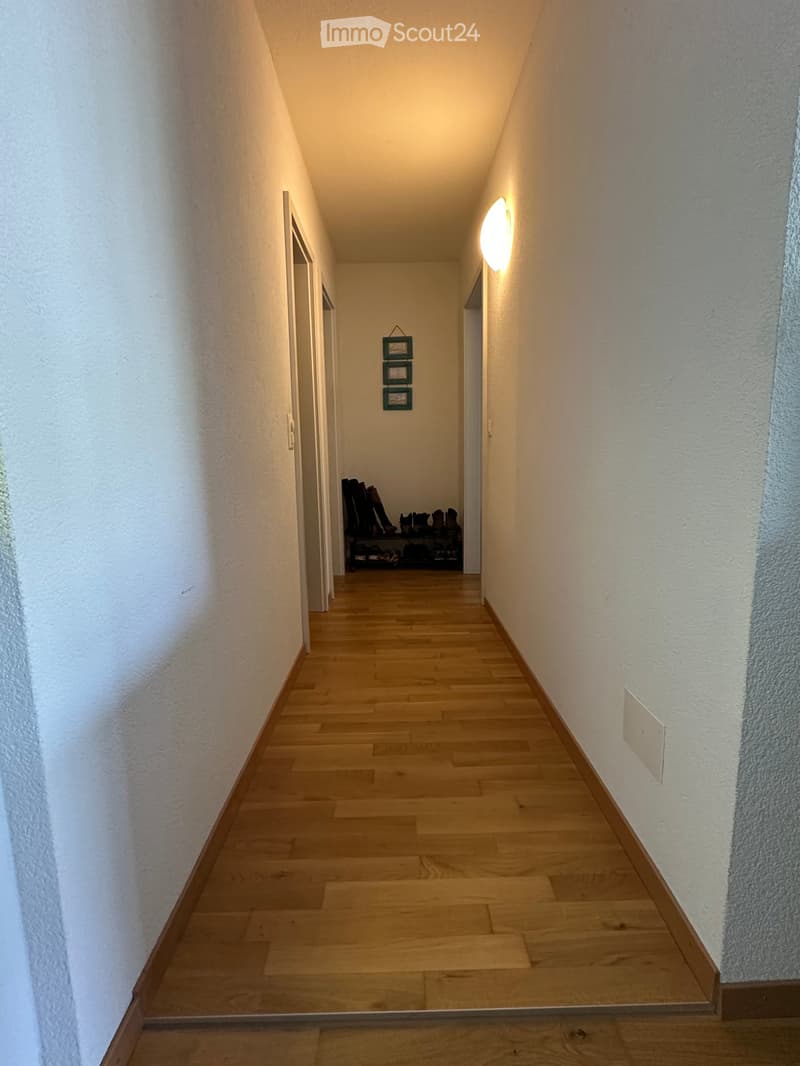 A narrow hallway with wooden flooring, white walls, and a small shoe rack at the end. There are framed pictures on the wall and a wall-mounted light fixture.