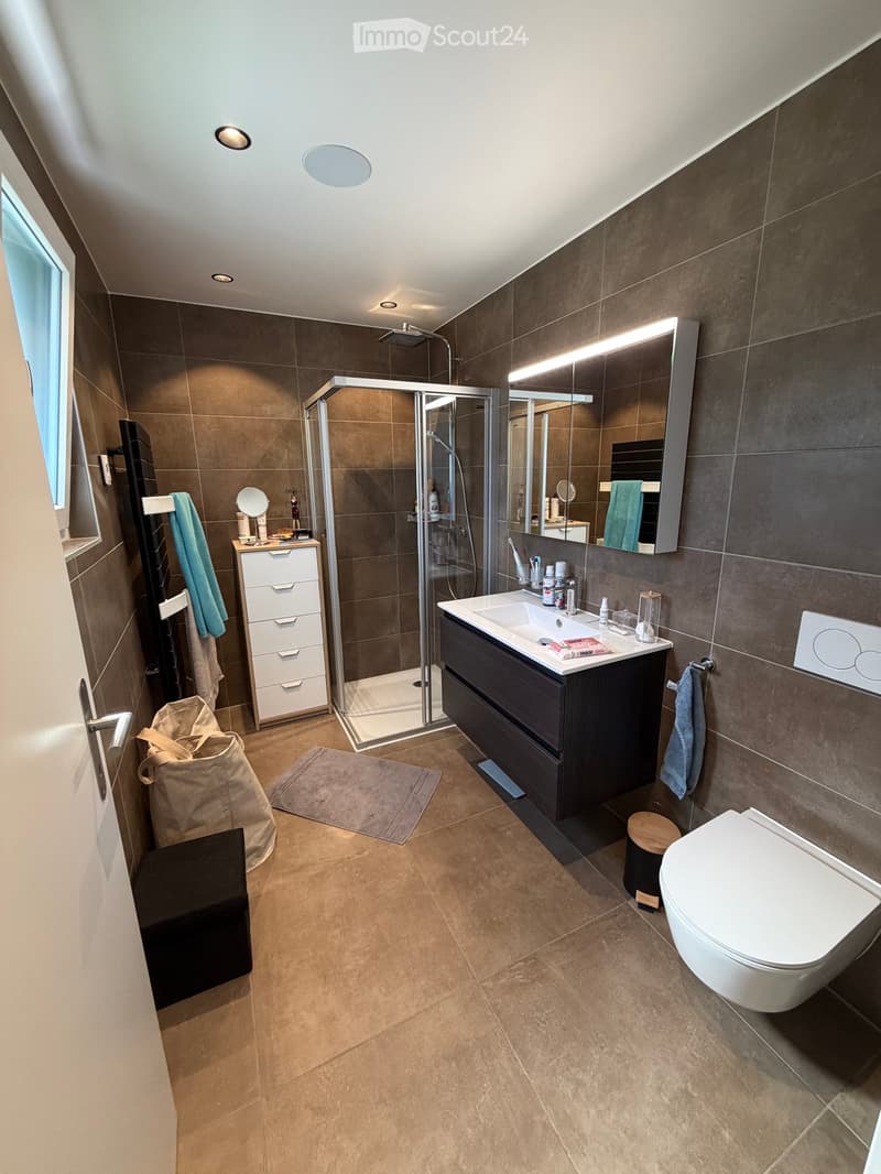 Modern bathroom with a large sink, toilet, shower, and a mirrored cabinet with built-in lighting. Features include a towel rack, a small drawer unit, a stool, and a rug on the floor.