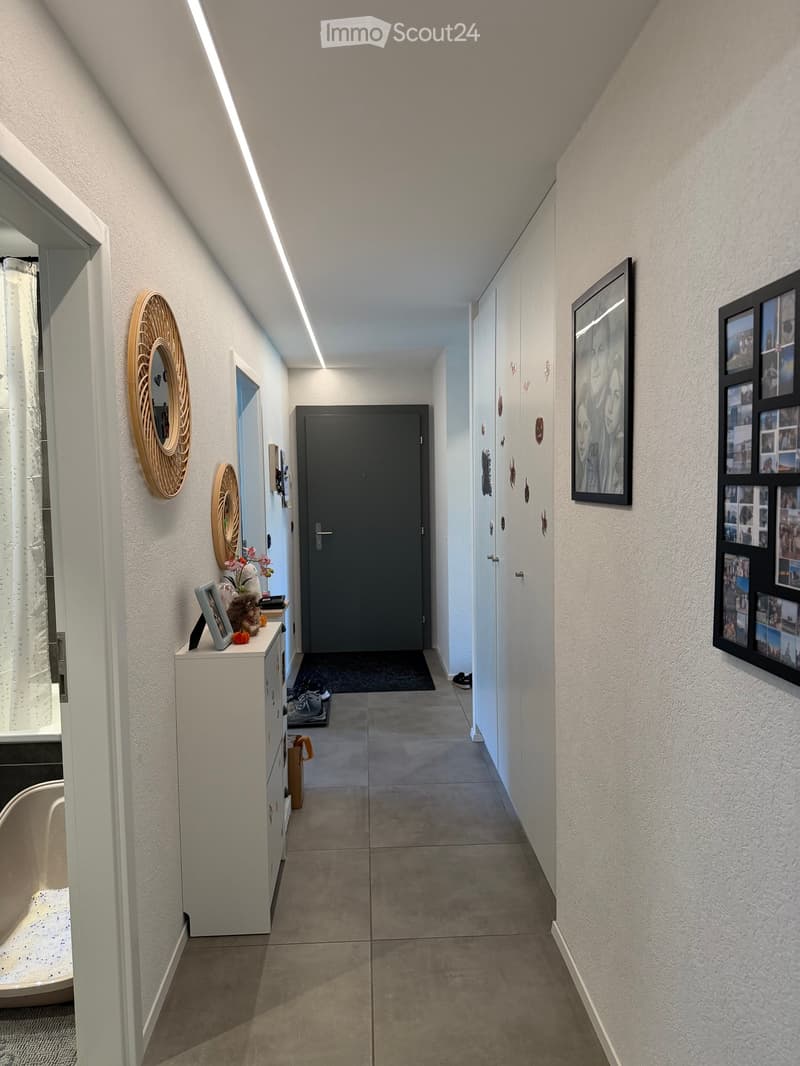 Modern hallway with white walls, grey tiled floor, built-in white cabinets, framed artwork, and a small console table with decorative items.