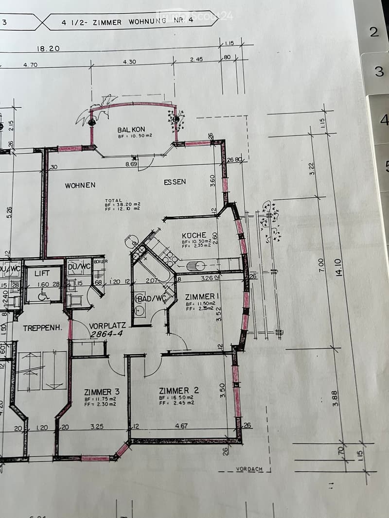 Floor plan of a 41/2-room apartment, including living room, dining area, kitchen, 2 bedrooms, bathroom, and balcony.