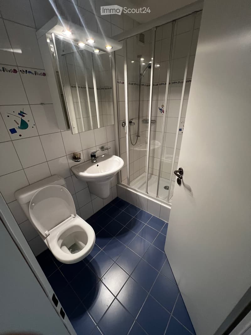 Modern bathroom with blue tiled floor, white tiled walls, toilet, sink, shower, and a large mirror with built-in lighting.