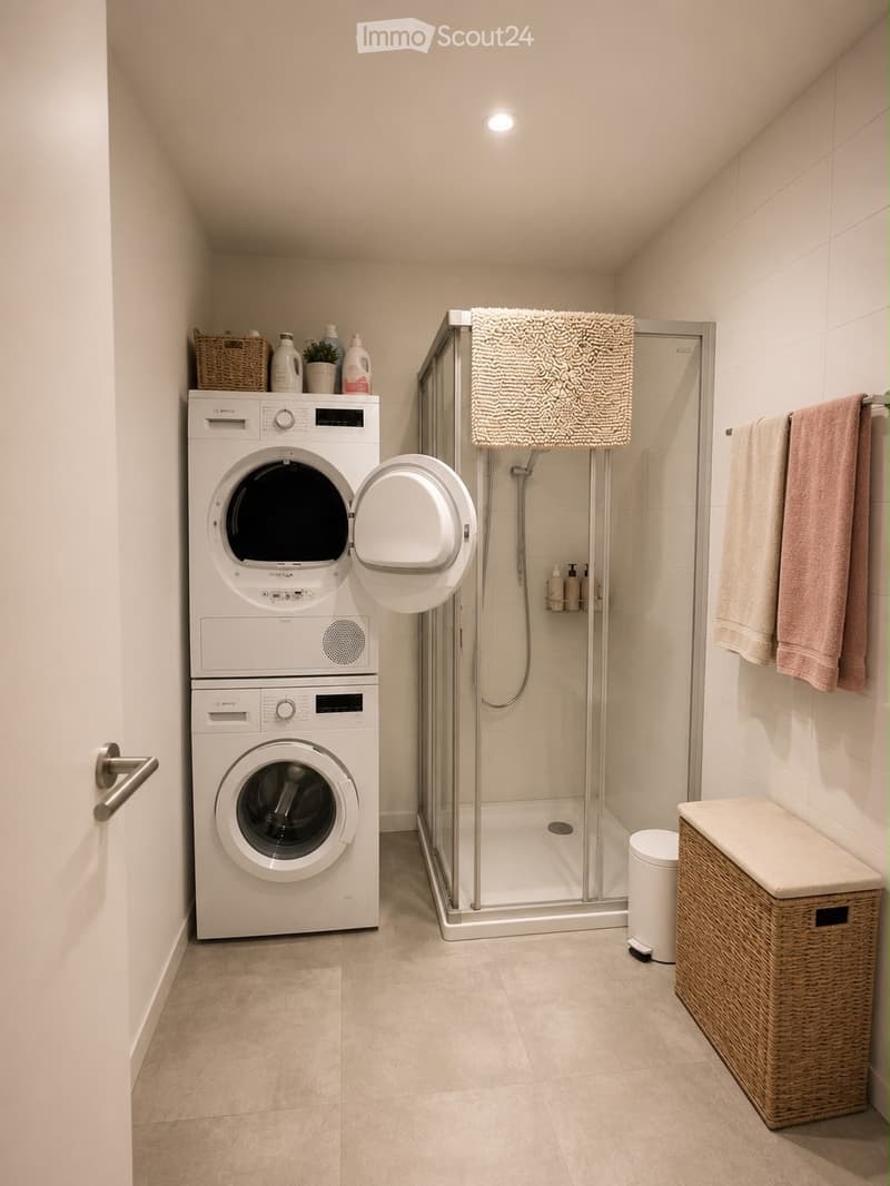 Modern bathroom with a stacked washer and dryer unit, a glass-enclosed shower, towels, and a woven basket on the floor.