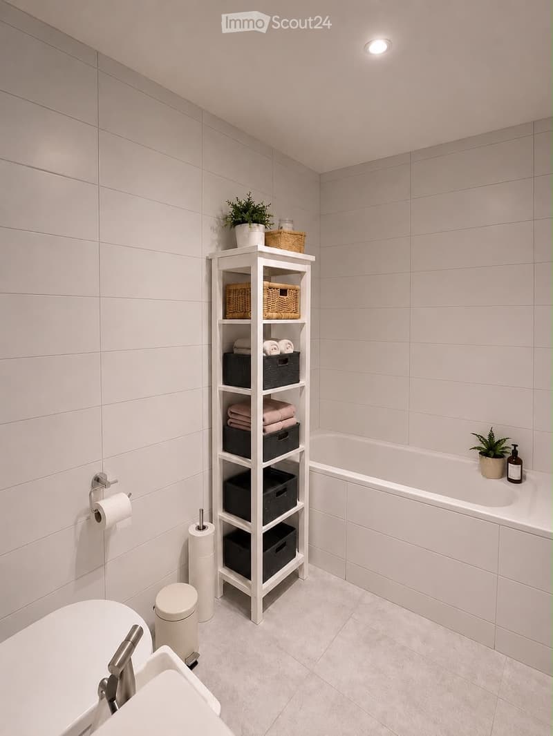 Modern bathroom with white tiled walls and floor, featuring a bathtub, a white shelving unit with towels and baskets, a toilet paper holder, a trash can, and a small sink with a faucet.