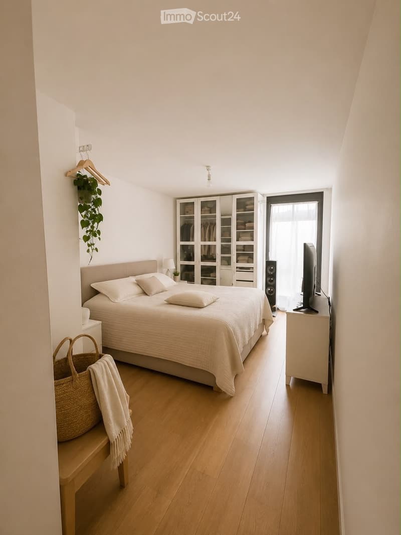 A modern, well-lit bedroom with a large bed, nightstand, wardrobe, bench, and a basket on the floor. The room features wooden flooring and white walls.