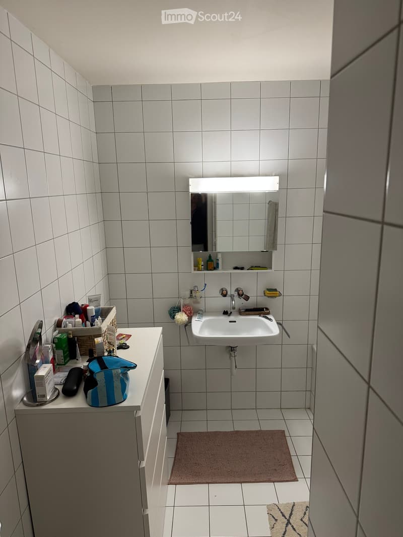 Modern bathroom with white tiled walls and floor, a white sink with a mirror above it, a small cabinet with toiletries, and two rugs on the floor.