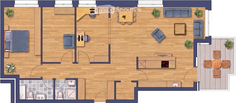 Floor plan of a modern apartment featuring a living room, dining area, kitchen, bedroom, and bathroom. The layout includes a central living space with a sofa, coffee table, and dining table, a separate bedroom with a bed, and a compact kitchen and bathroo