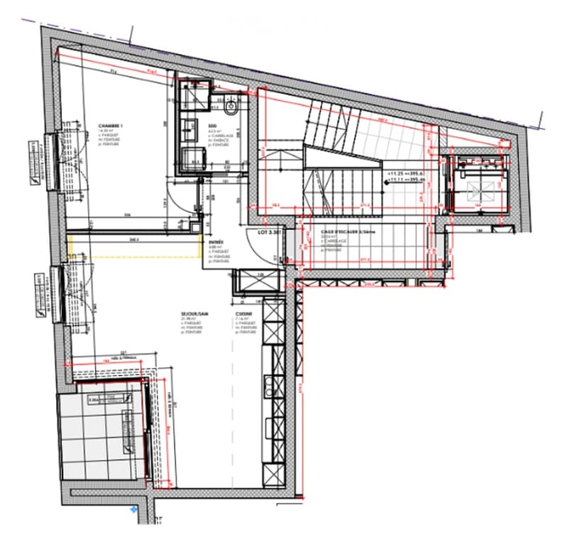 Floor plan of a multi-room building with labeled areas including a kitchen, living room, bedrooms, and a staircase.