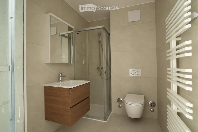 Modern bathroom with a wooden vanity, white sink, mirror, glass-enclosed shower, toilet, and a white radiator on the wall.