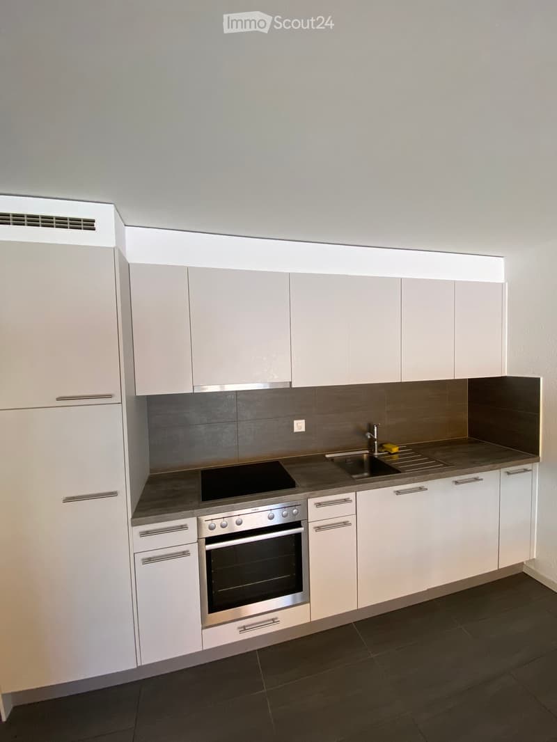 Modern kitchen with white cabinets, stainless steel oven, sink, and faucet. Dark countertops and backsplash.