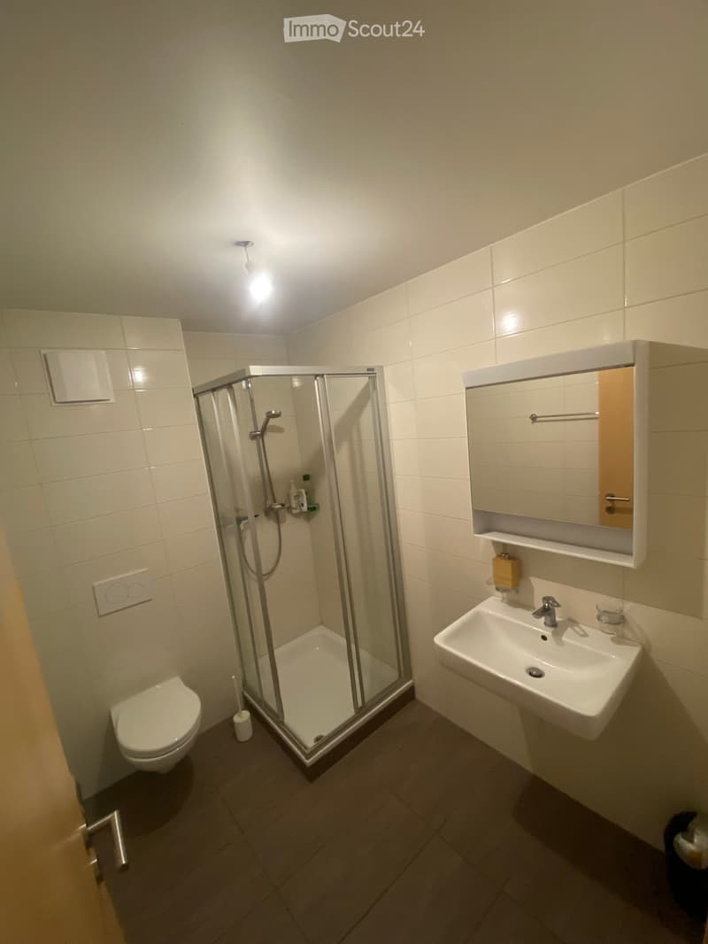 Modern bathroom with white tiles, a glass-enclosed shower, a toilet, a sink with a mirror cabinet, and a soap dispenser.
