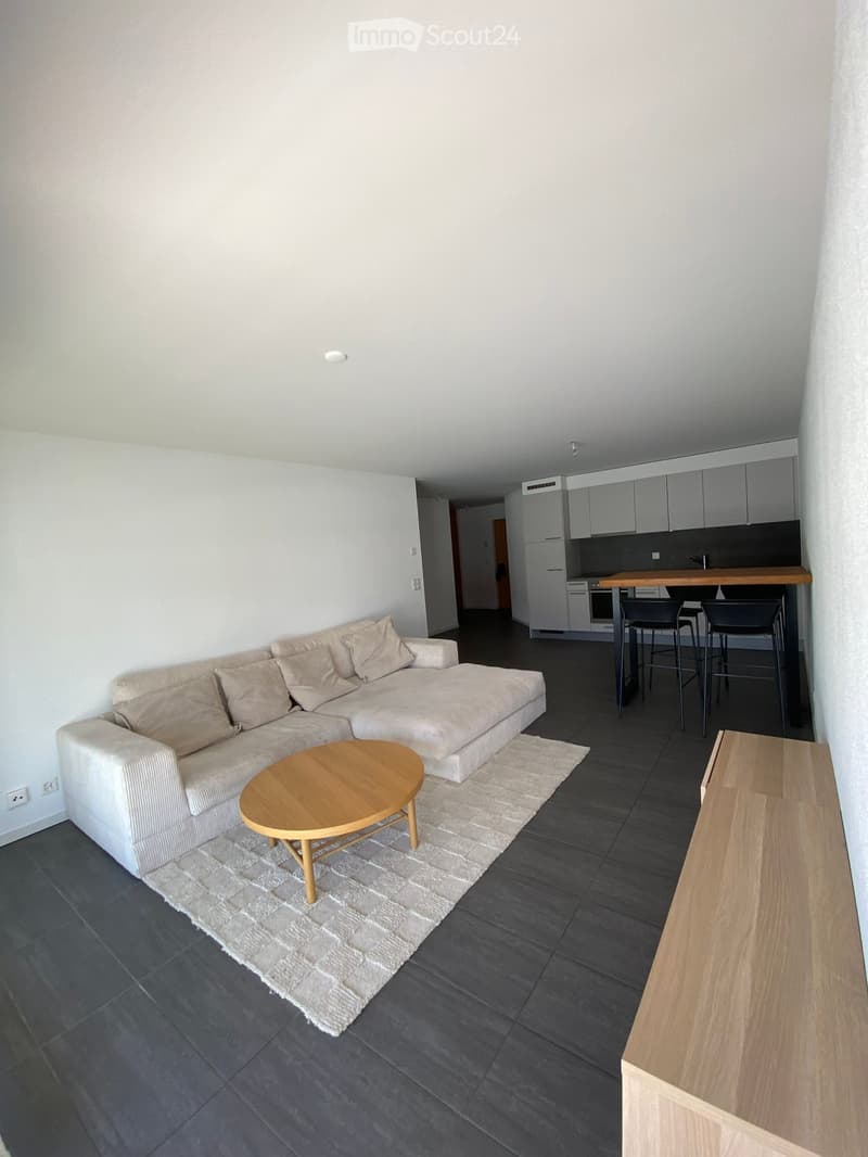 Modern living room with a white sectional sofa, wooden coffee table, and a small kitchen area with cabinets and a kitchen island.