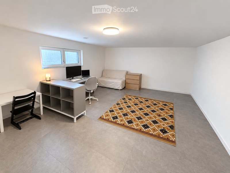 A modern, well-lit room with a sofa, a desk with a laptop and screen, a chair, a small table, a patterned rug, and a cabinet.