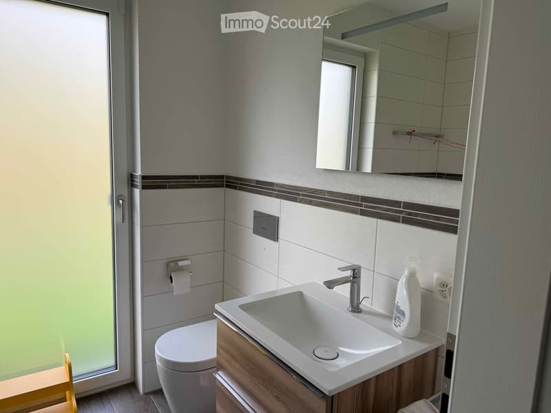 Modern bathroom with white tiles, a wooden vanity, a sink, a toilet, and a large mirror above the sink.