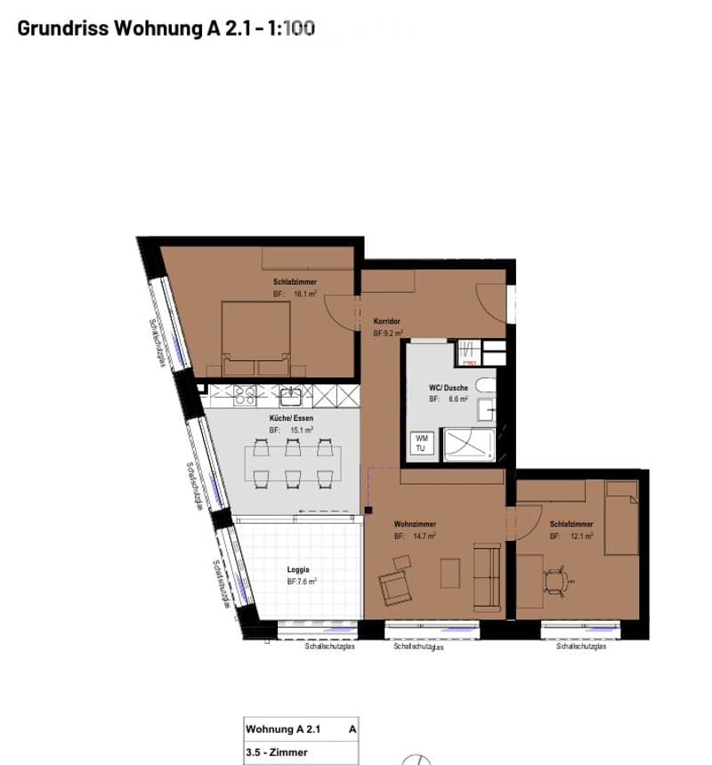 Floor plan of a 3.5-room apartment, including a living room, kitchen, bedroom, bathroom, hallway, and entrance area.