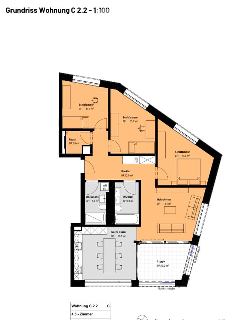 Floor plan of a 4.5-room apartment, including living room, kitchen, two bedrooms, two bathrooms, hallway, and storage room.