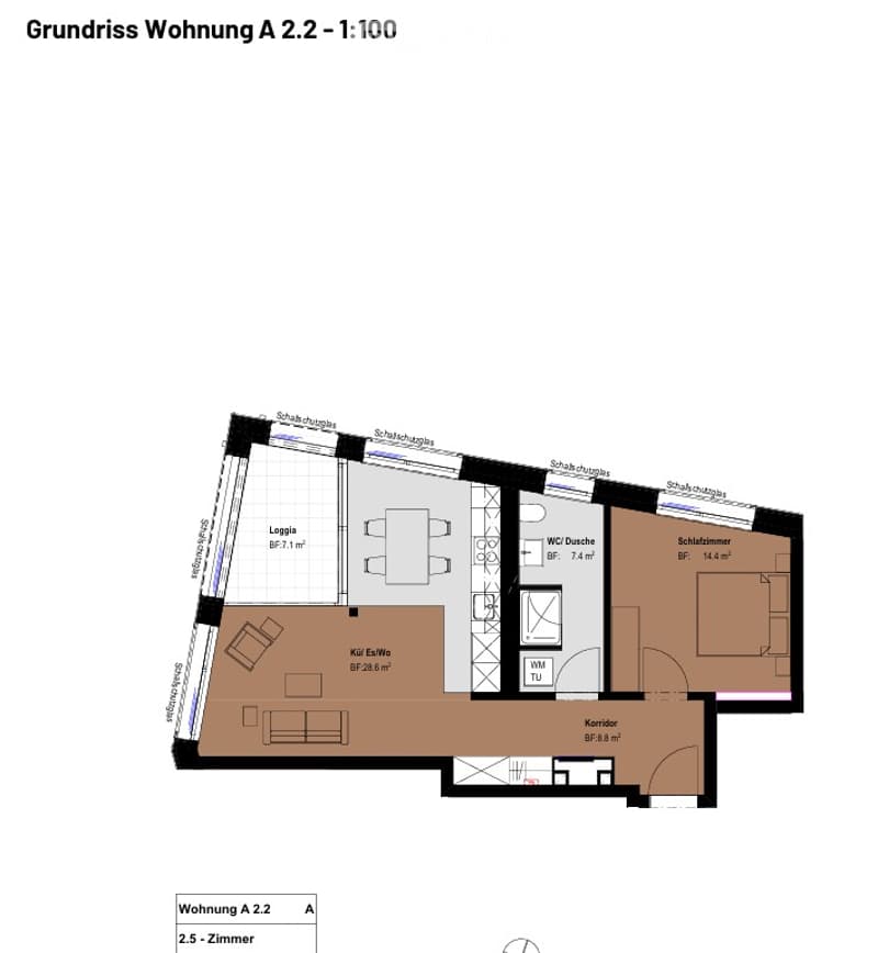 Floor plan of a 2.5-room apartment with a living room, kitchen, bedroom, study, and bathroom.