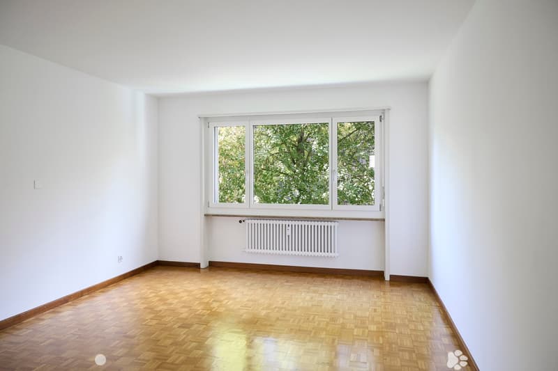 Empty room with white walls, wooden floor, and large window with white frame showing greenery outside. A radiator is mounted below the window.