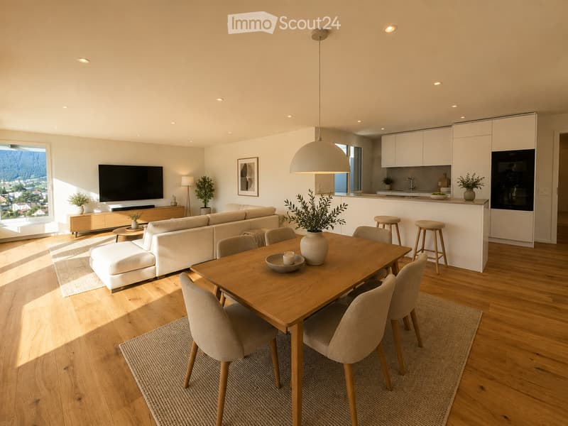 Open-plan living and dining area with a view, featuring a sofa, ottoman, coffee table, dining table with chairs, pendant light, and a modern kitchen with white cabinets and stainless steel appliances.