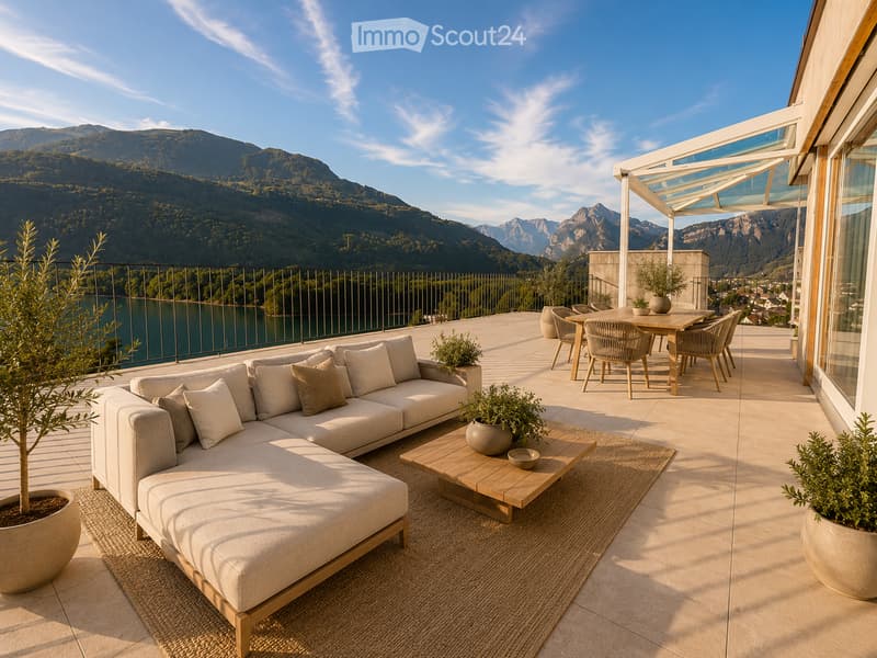 Balcony with a view of mountains and lake, furnished with a sofa, coffee table, dining table, and chairs.
