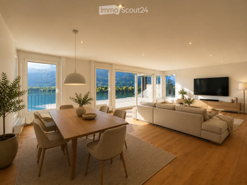 Open-plan living and dining area with large windows offering a scenic mountain view, featuring a beige sofa, wooden dining table with chairs, a television, pendant light, and decorative vases.