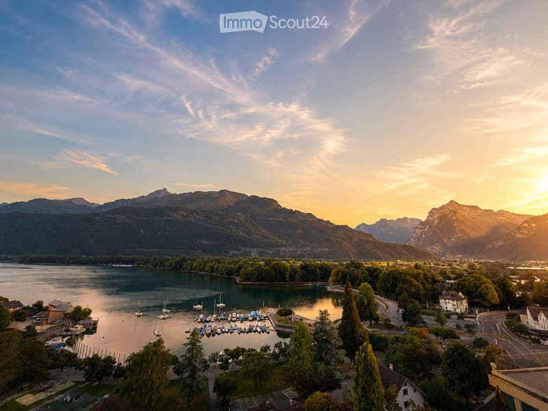 A scenic view of a lake surrounded by mountains, with a marina filled with boats, trees, and a town in the distance.
