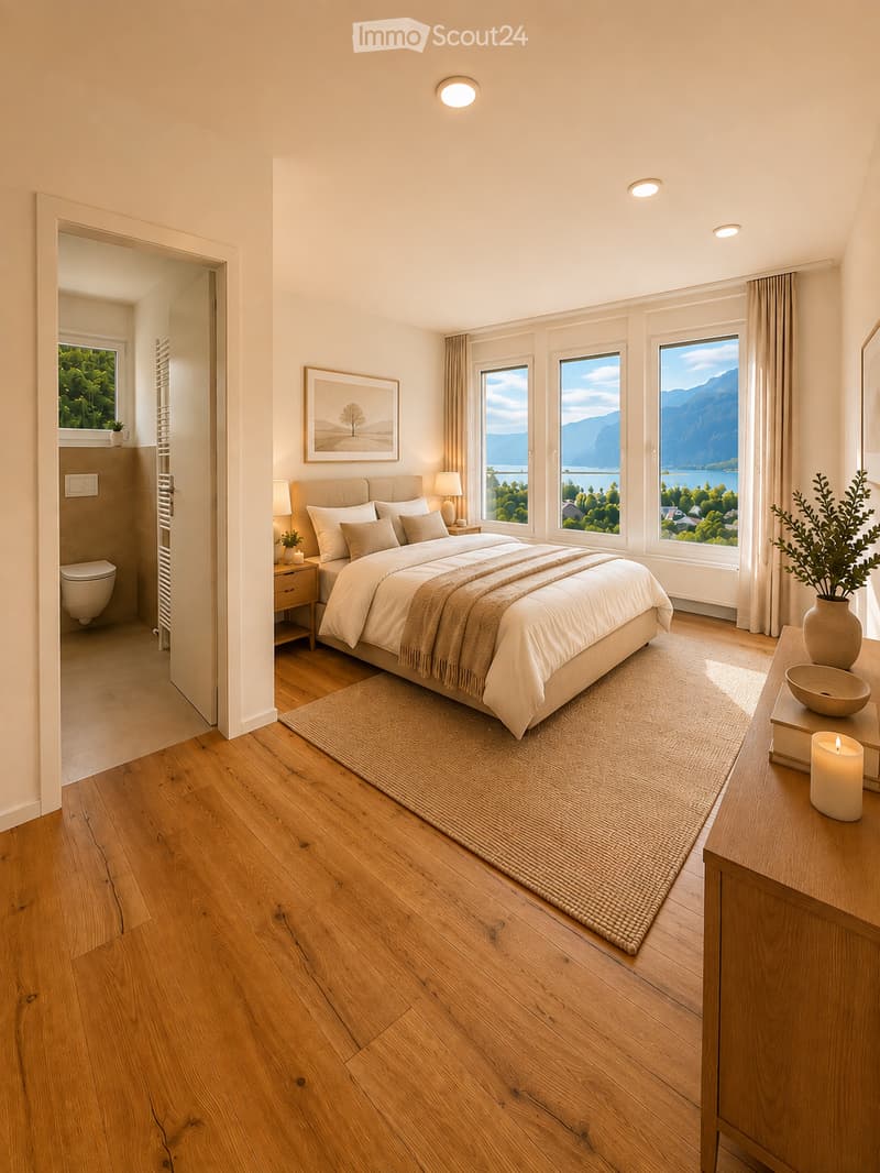 Spacious bedroom with wooden flooring, large windows offering scenic views, a neatly made bed, nightstands, lamps, and decorative items.