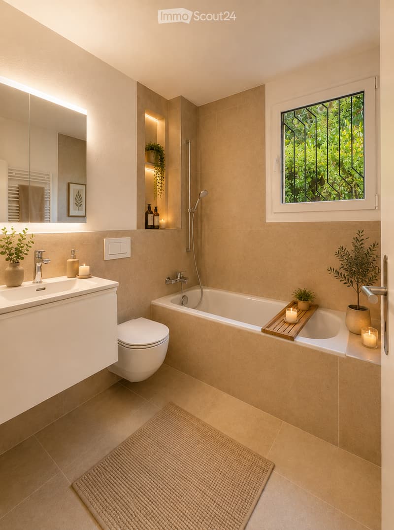 Modern bathroom with beige tiles, a large mirror, a bathtub, a toilet, a sink, and decorative plants and candles.