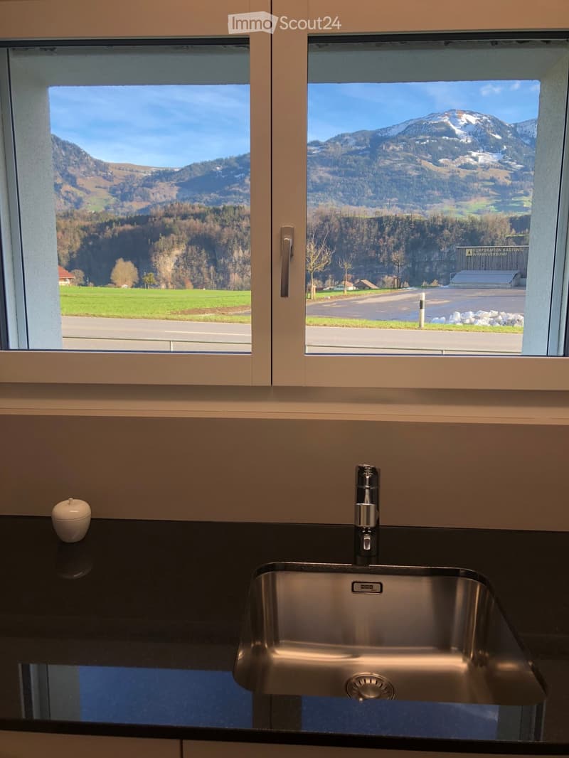 Modern kitchen with a stainless steel sink, black countertop, and a small decorative cup. Large windows offer a scenic mountain view.