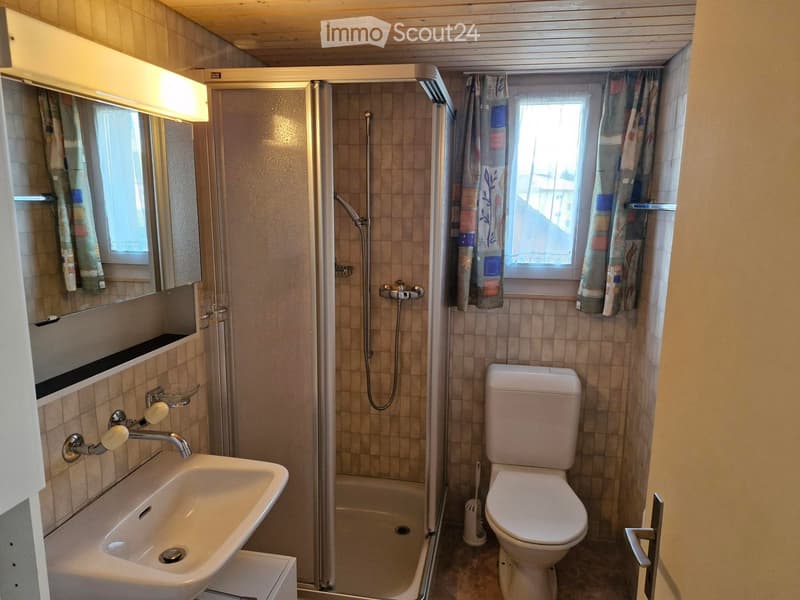 Bathroom with a sink, toilet, shower, and mirror. The shower has a curtain, and the sink has a faucet. There is a window with curtains and a toilet brush next to the toilet.