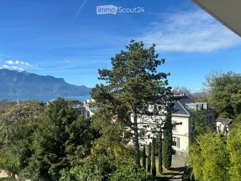 View from a balcony or terrace showing a lush garden with tall trees, a classic white house, and distant mountains under a clear blue sky.