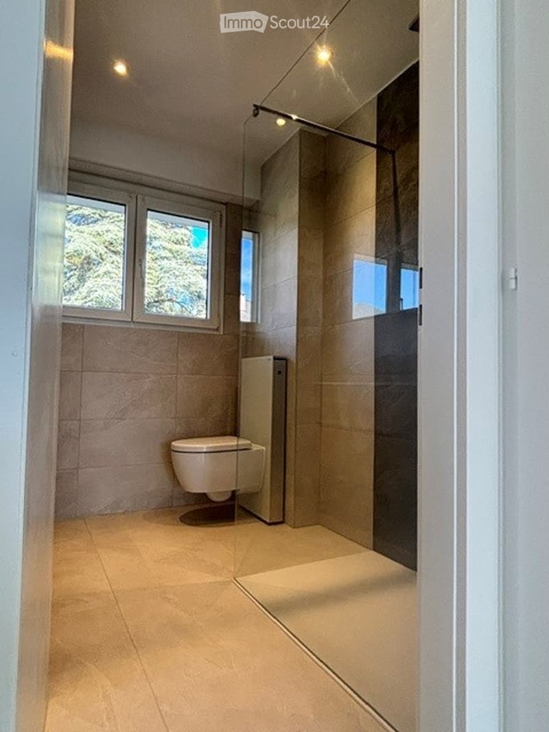 Modern bathroom with a toilet, glass shower enclosure, and large windows providing natural light.