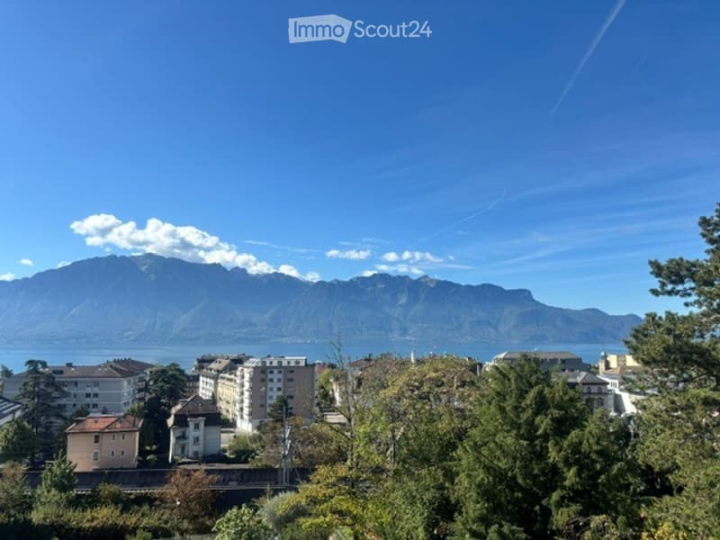 Panoramic view of a town with buildings and mountains in the background, under a clear blue sky.
