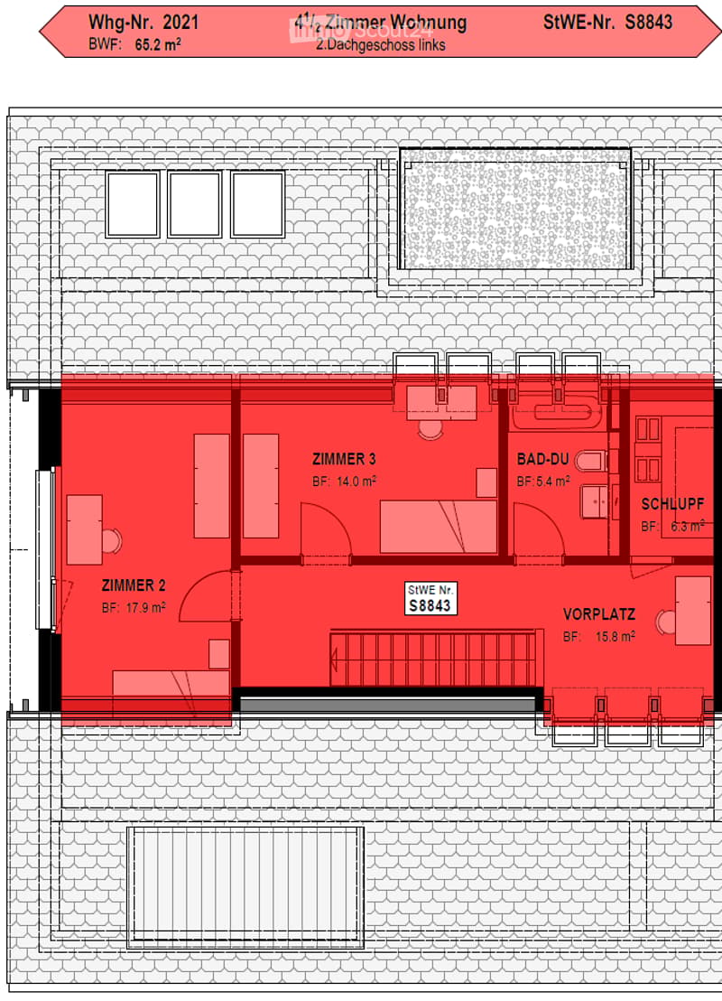 Floor plan of a 4.5-room apartment on the second floor, left side, with labeled rooms including Zimmer 2, Zimmer 3, Bad-DU, Schlaf, and Vorplatz.