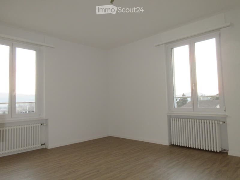 Empty room with wooden flooring, white walls, and two windows with radiators beneath them.