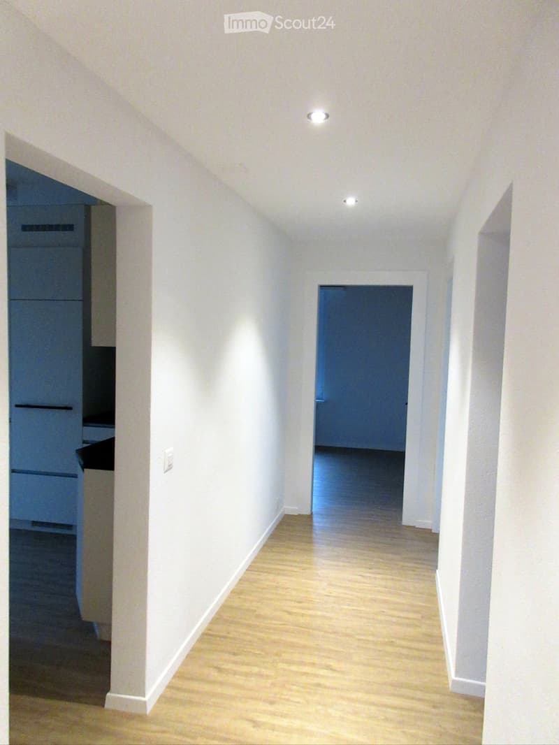 Empty hallway with light wooden flooring, white walls, and recessed ceiling lights. Two doors are visible, one leading to a room with blue cabinets.