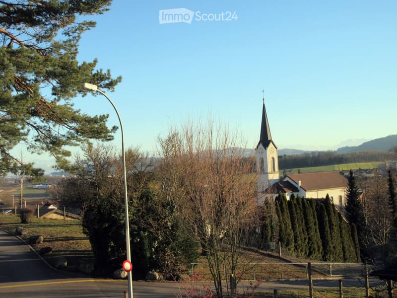 A church with a tall spire and clock tower surrounded by trees and a street with a lamppost.