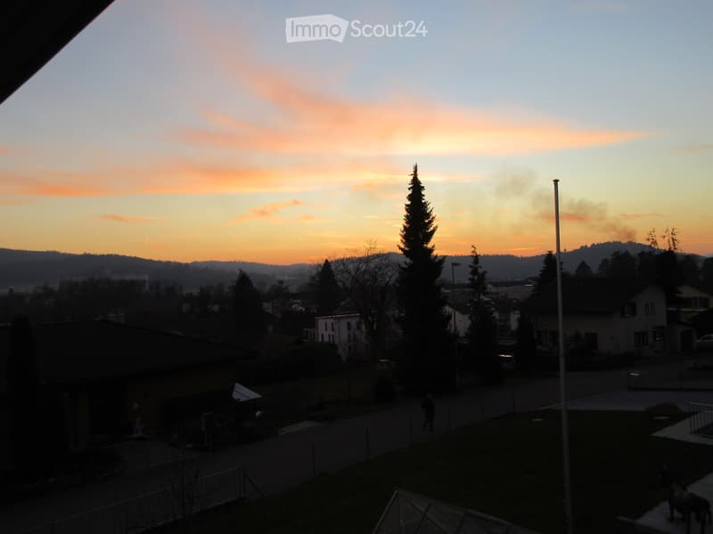 Balcony overlooking a residential area at sunset, with trees, houses, and distant hills visible.