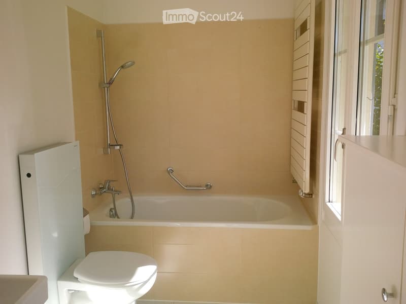 Modern bathroom with a bathtub, toilet, showerhead, and handrail. Light-colored tiles and a window provide natural light.