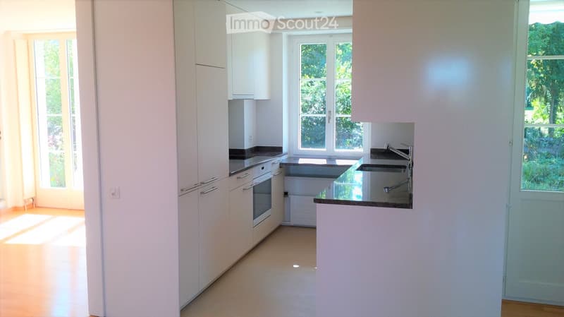 Modern, bright kitchen with white cabinets, stainless steel sink, and built-in oven. Large windows provide natural light.